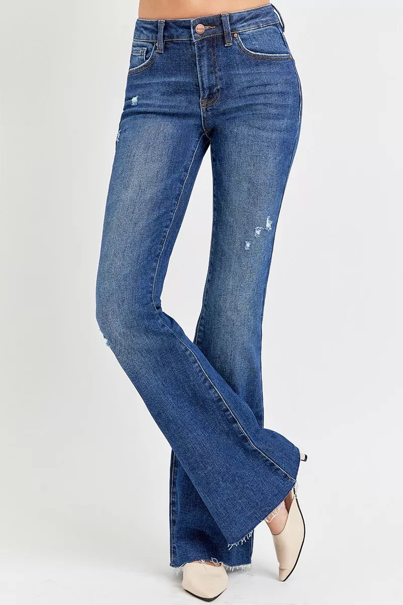 Distressed mid-rise flare jeans with raw hem