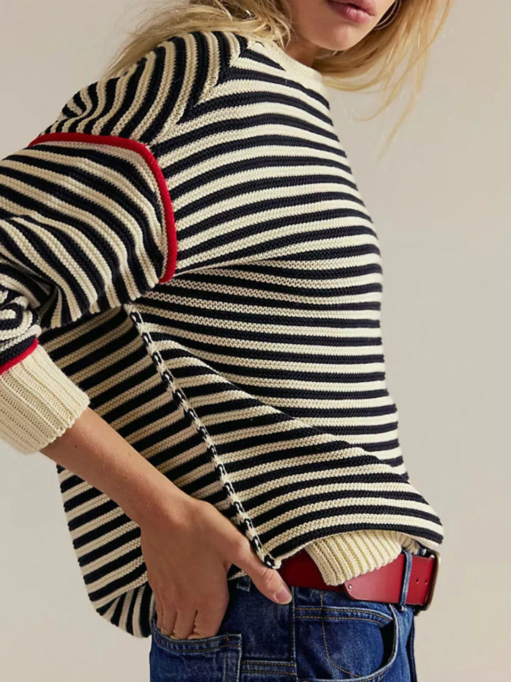 Striped ribbed knit round neck sweater with contrast trim
