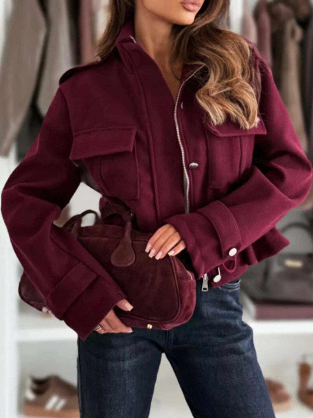 Drawstring waist button-up cropped jacket