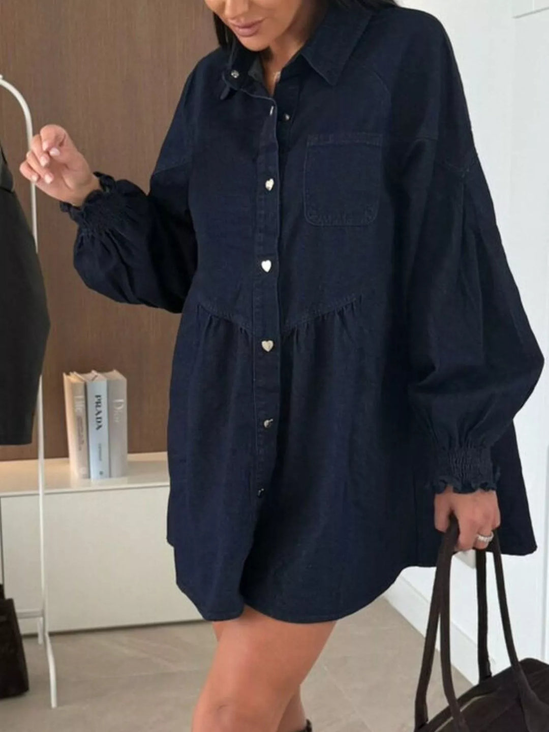 Button-down denim shirt dress with puff sleeves and pockets