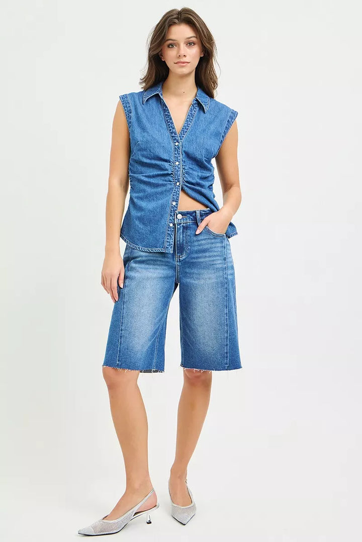 Raw hem slouchy seamed wide-leg denim jorts