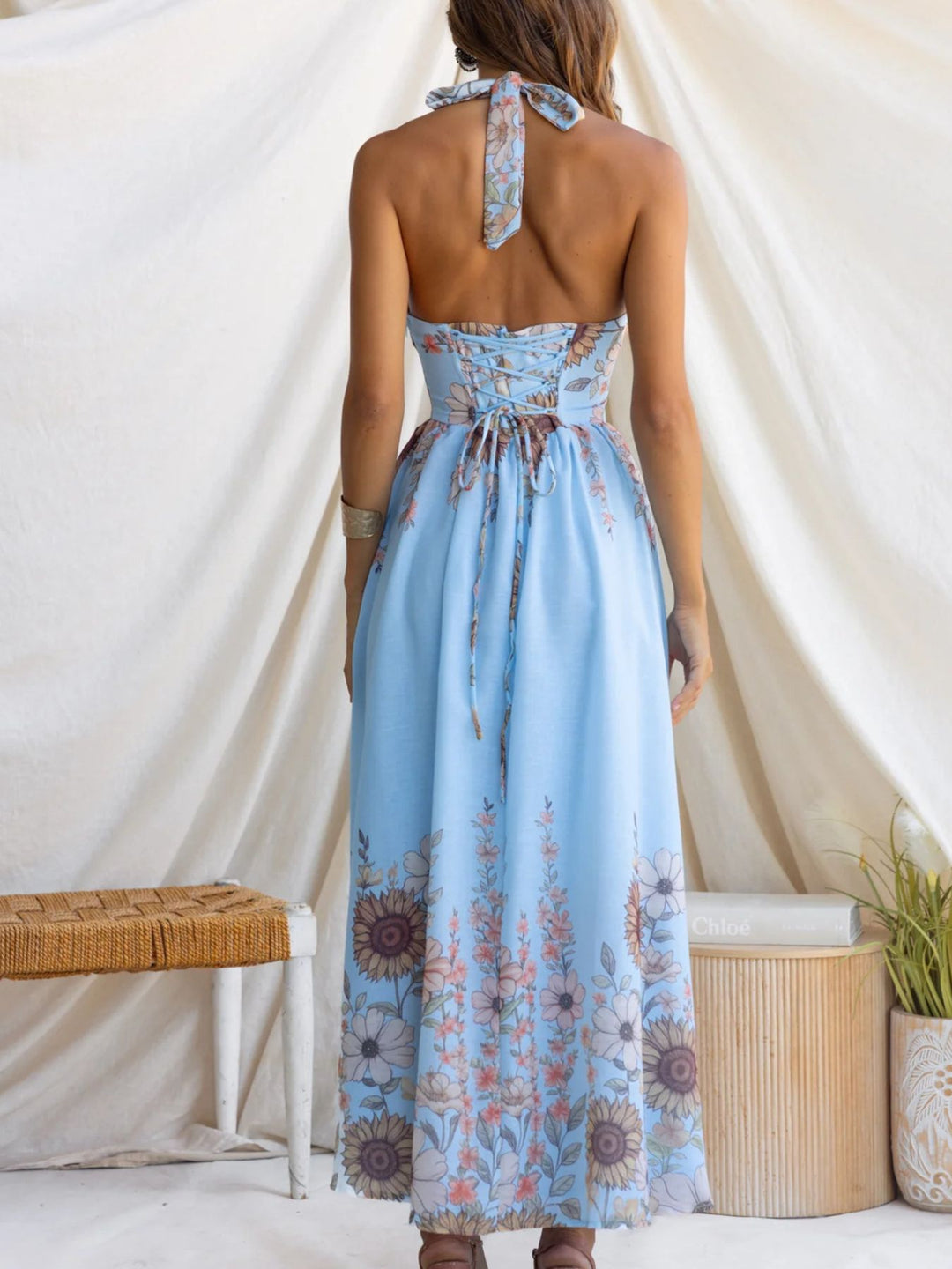 Sunflower print halter maxi dress with plunge neckline