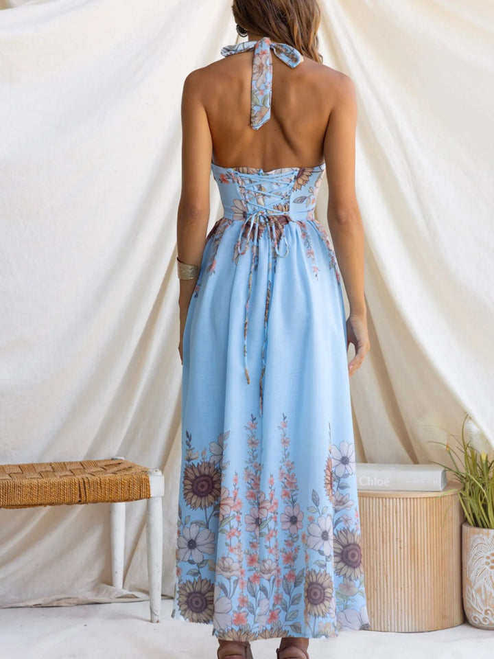 Sunflower print halter maxi dress with plunge neckline