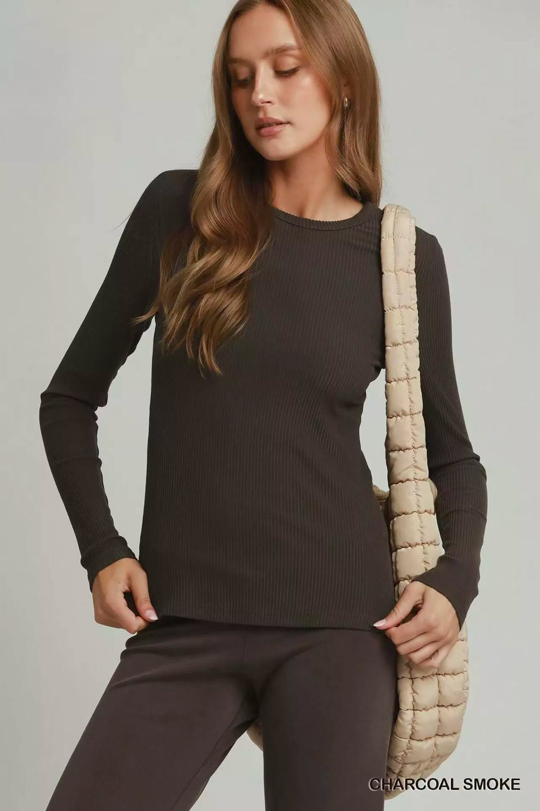 CHARCOAL SMOKE Brushed ribbed long sleeve fitted crew neck top