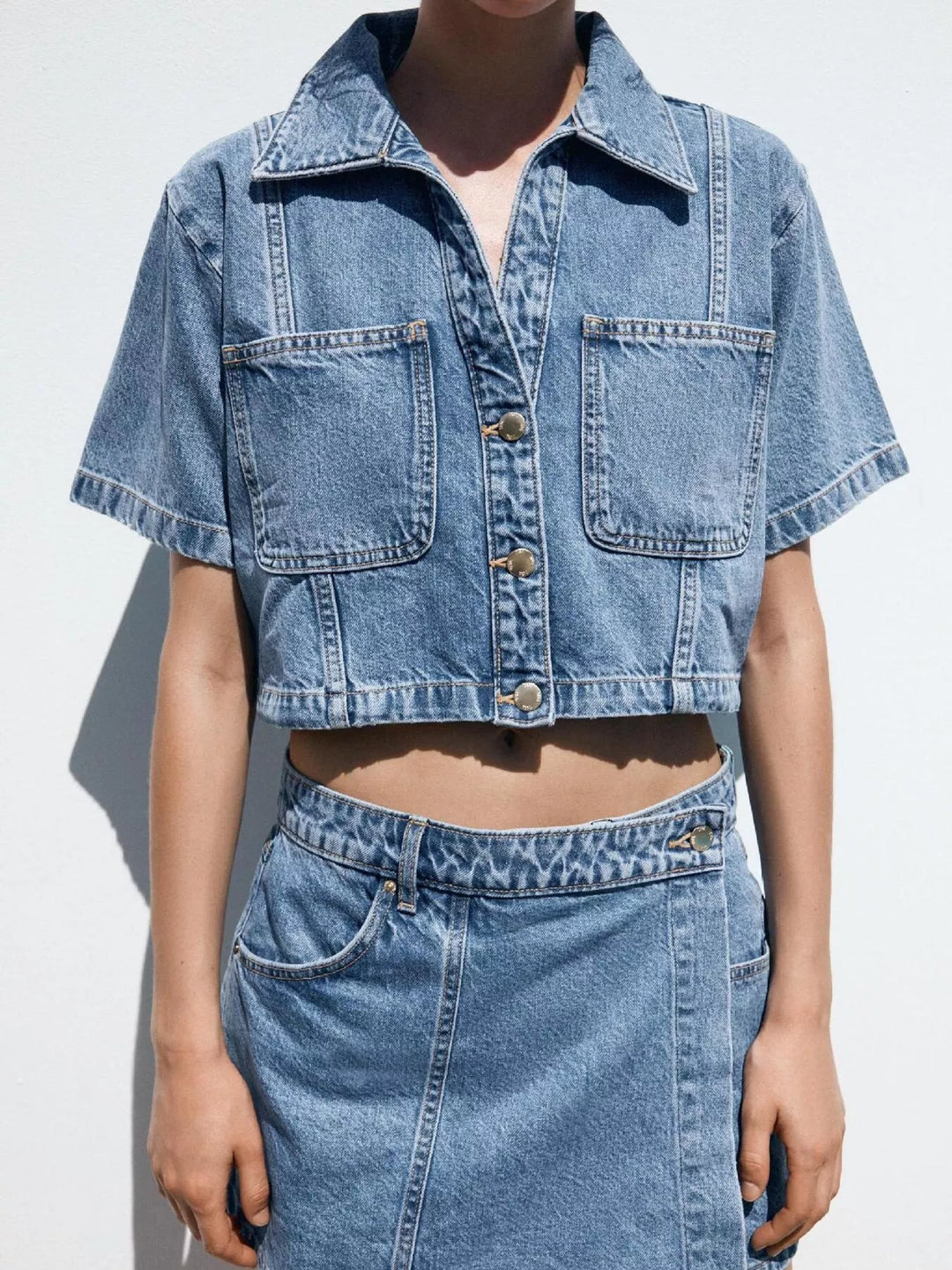 Sky Blue Contrast-stitch denim button-up crop shirt and skort set