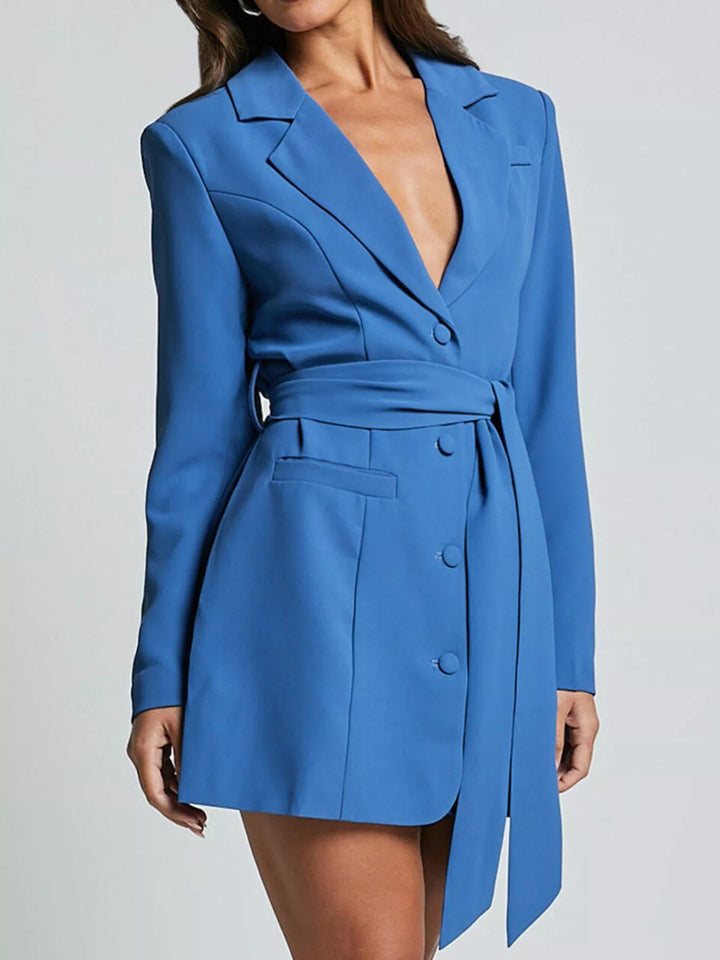 Tie-waist blazer dress with notch lapel and side slit