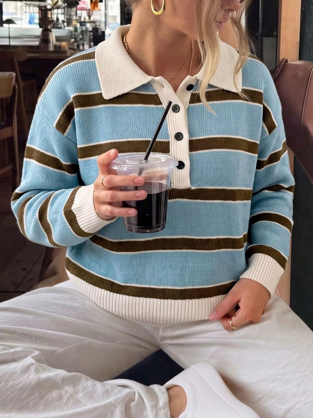 Striped knit polo collar sweater with button placket