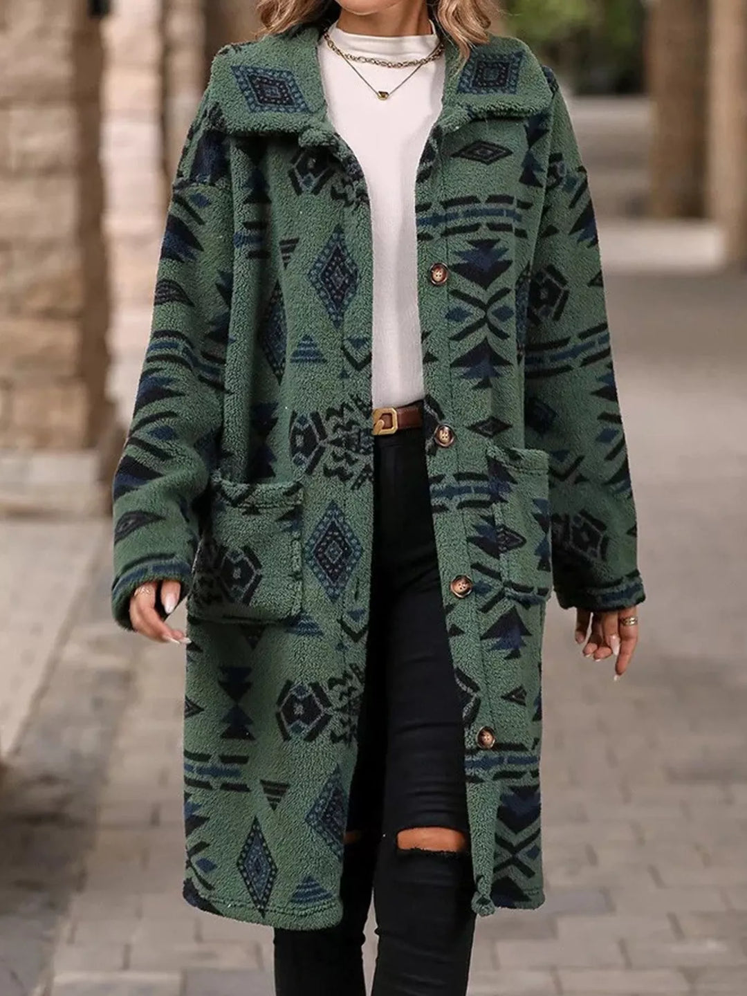 Army Green Aztec print button-up longline fleece coat