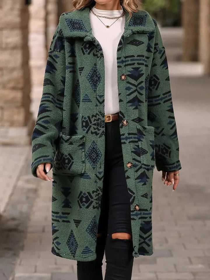Army Green Aztec print button-up longline fleece coat