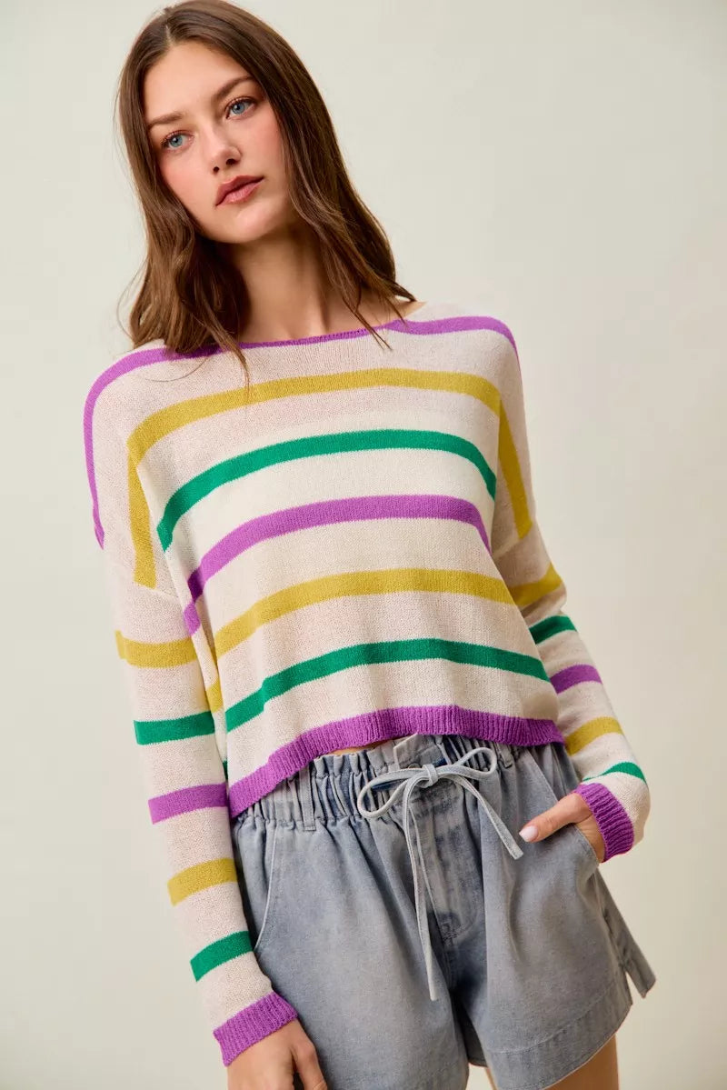 Color stripe lightweight knit sweater with boat neck