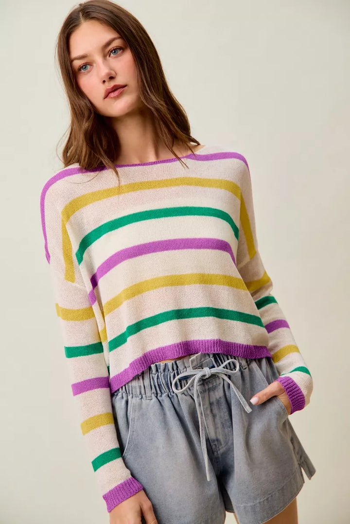Color stripe lightweight knit sweater with boat neck