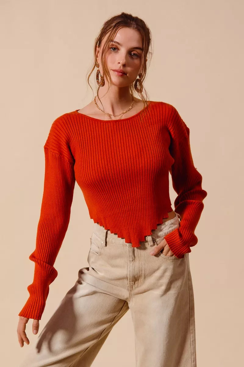 RUST Ribbed knit crop sweater with shaped hem and long sleeves