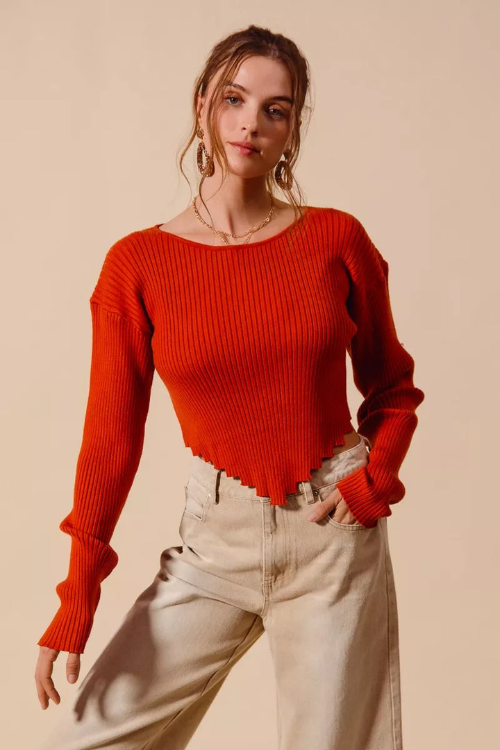 RUST Ribbed knit crop sweater with shaped hem and long sleeves