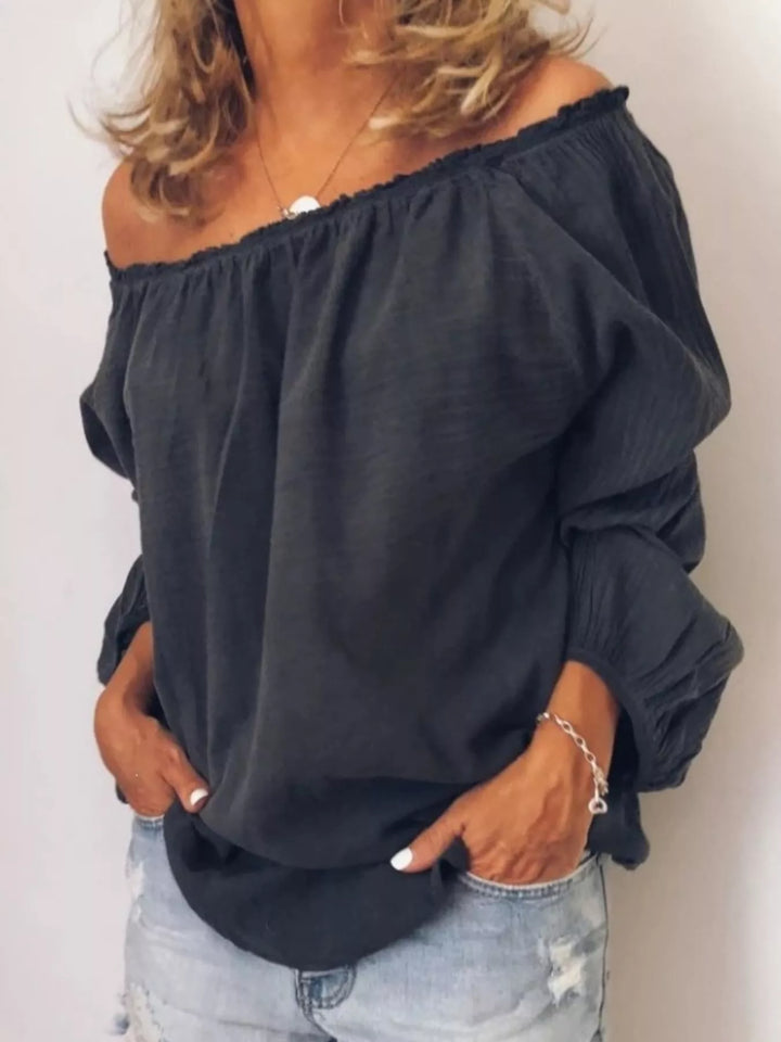 Black Off-shoulder ruffle-neck blouse with long puff sleeves