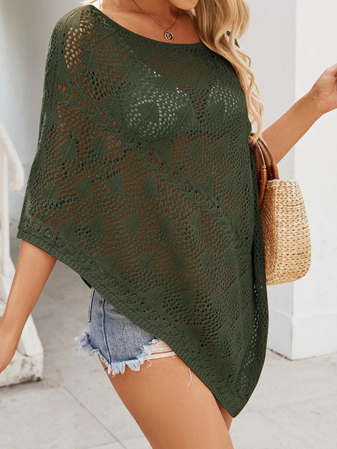 Openwork knit poncho cover-up with boat neck and pointed hem