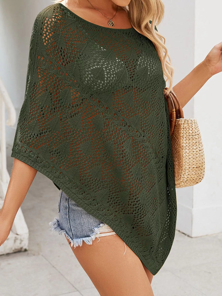 Openwork knit poncho cover-up with boat neck and pointed hem