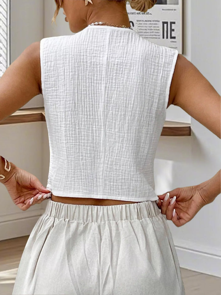 Textured V-neck button-down cropped vest