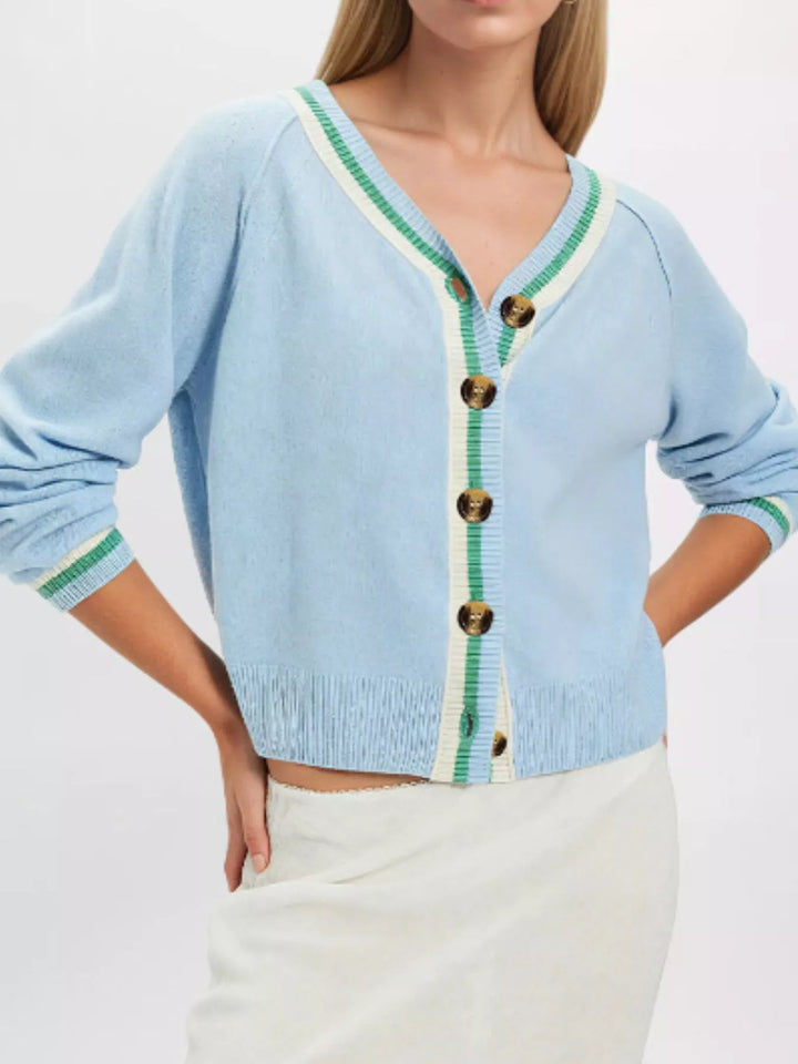 Striped trim V-neck button-down knit cardigan
