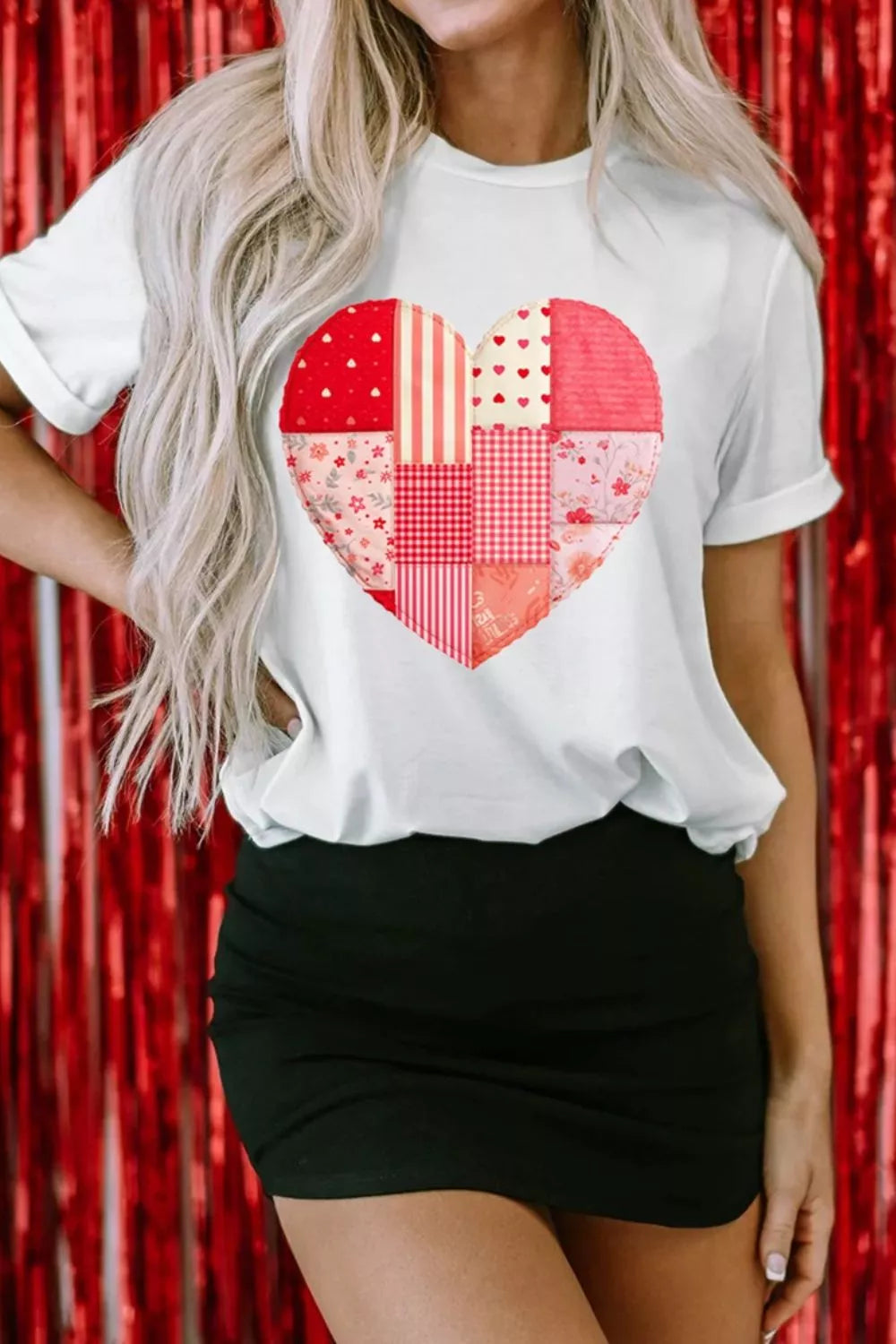 White Patchwork heart graphic crew neck short sleeve tee