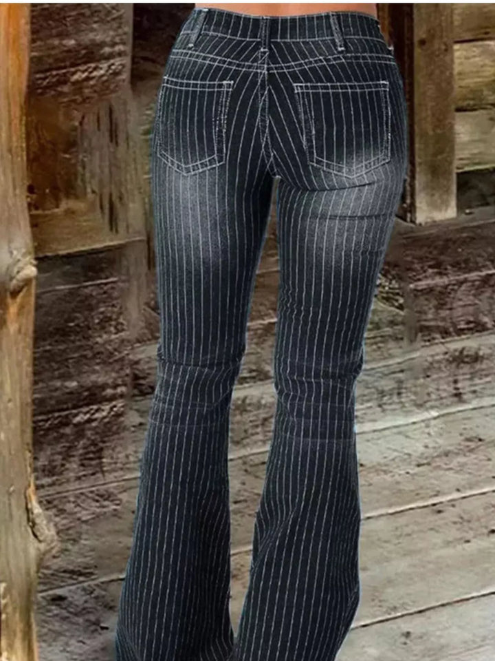 Pinstripe mid-rise button-fly flare jeans