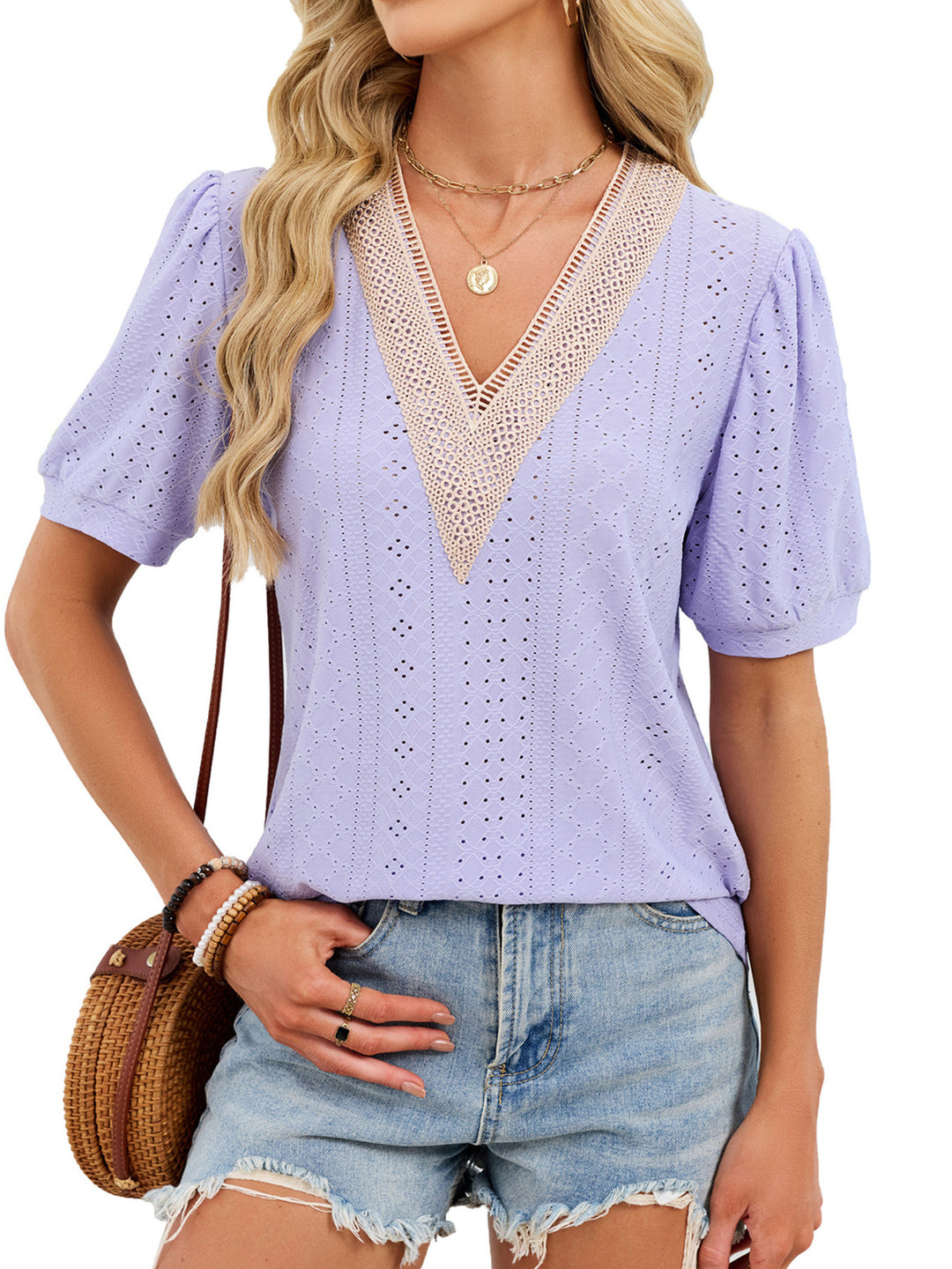 Purple Lace-trim V-neck eyelet top with puff sleeves