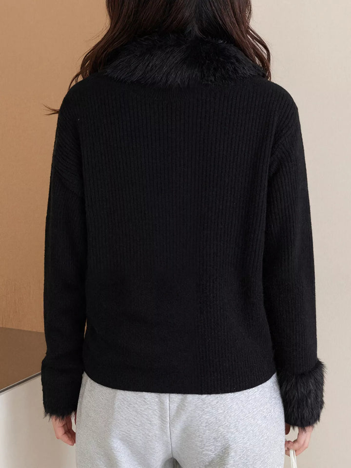 Ribbed knit zip-up cardigan with fluffy faux fur trim