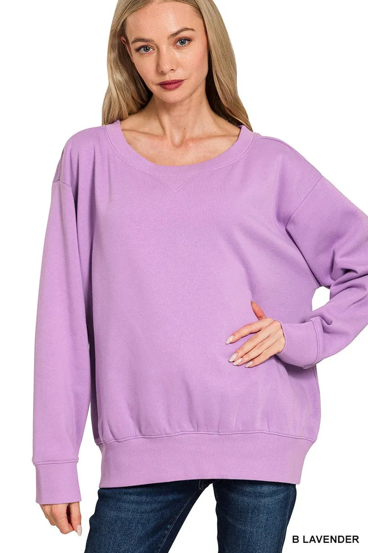 B LAVENDER Fleece boat neck sweatshirt with ribbed cuffs and hem