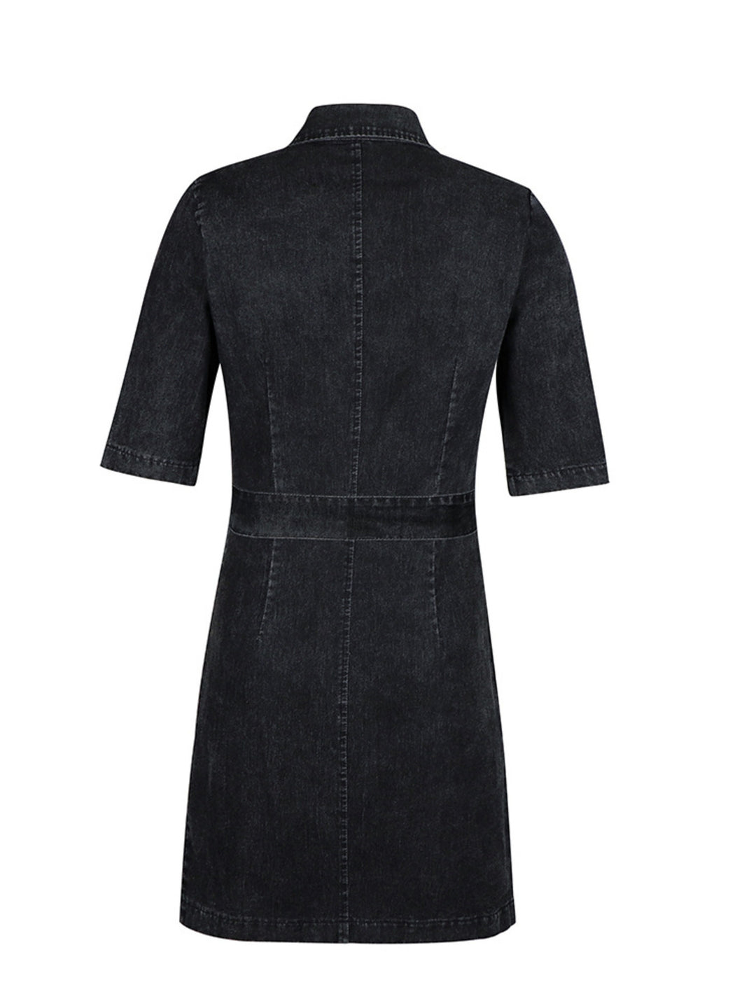 Zip-front tie-waist short sleeve denim mini dress