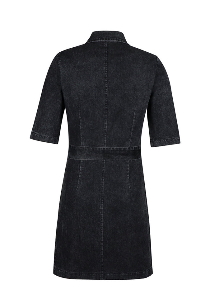 Zip-front tie-waist short sleeve denim mini dress