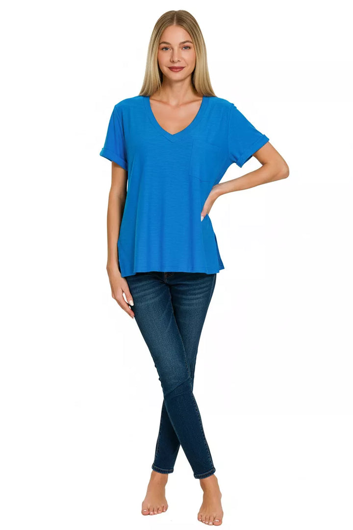 Slub knit rolled short-sleeve V-neck tee with side slits