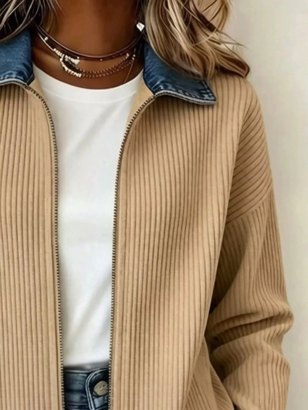 Ribbed knit zip-up jacket with denim collar and cuffs