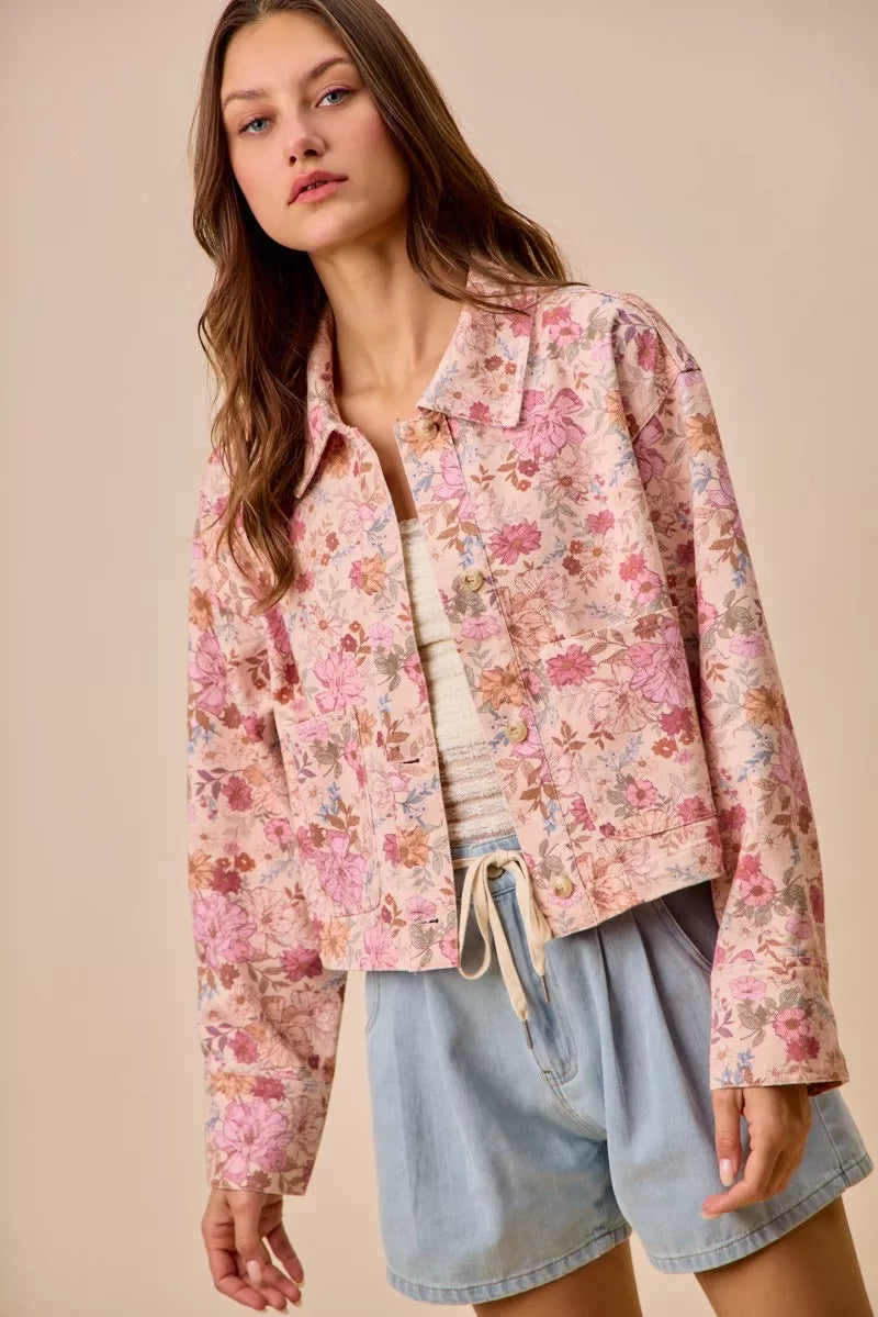 Cropped floral cotton twill barn jacket with patch pockets