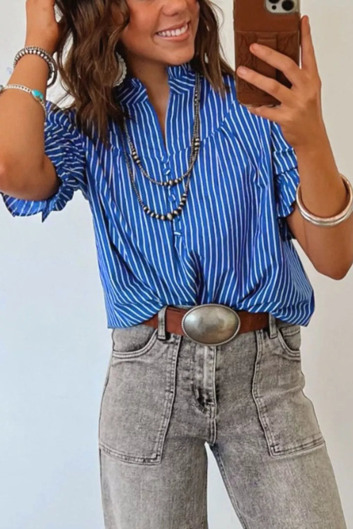 Striped ruffle puff sleeve button-front blouse