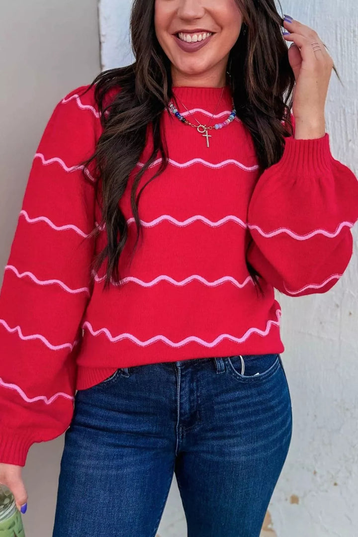 Wavy contrast stripe crew neck knit pullover sweater
