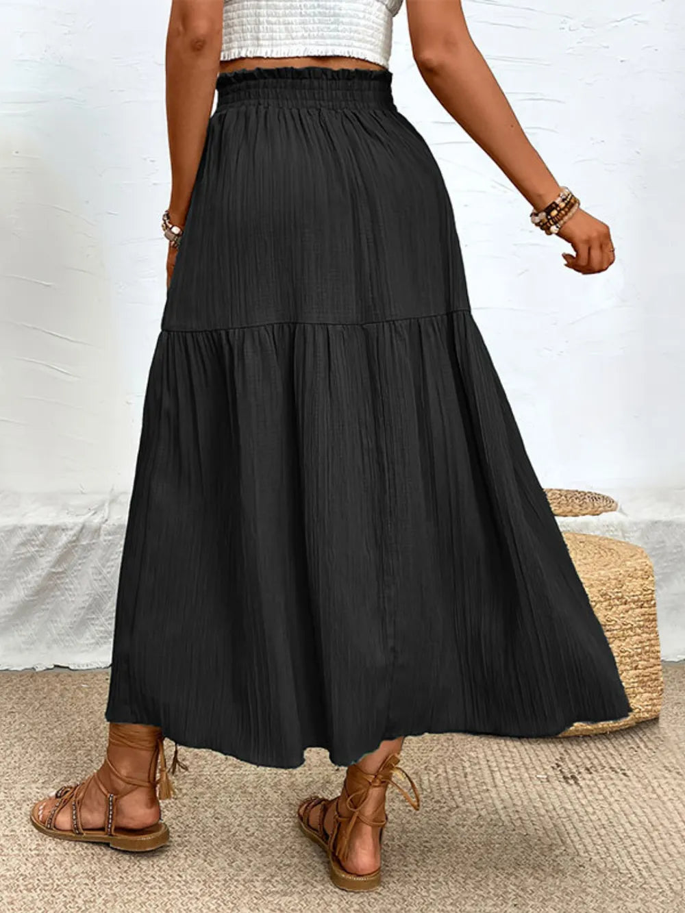 Tiered crinkle midi skirt with smocked waist and front slit