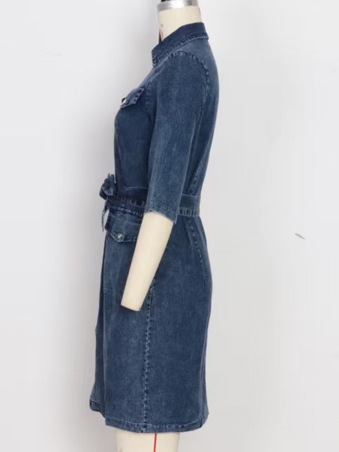 Zip-front tie-waist short sleeve denim mini dress