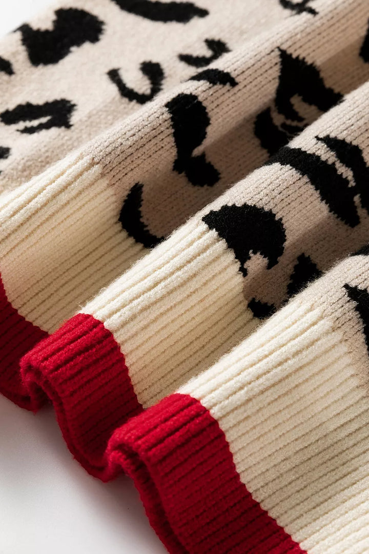 Leopard print v-neck sweater with contrast varsity rib trim