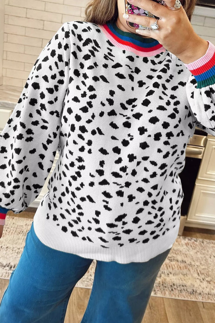 Animal print sweater with striped rib trim and balloon sleeves