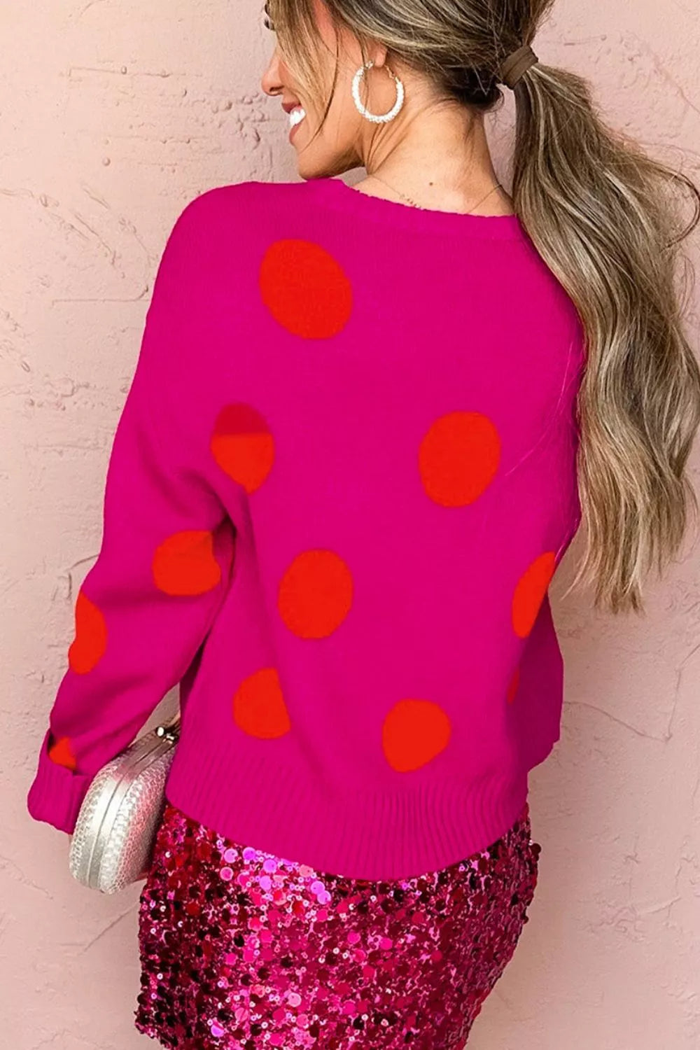 Polka dot drop shoulder crew neck sweater