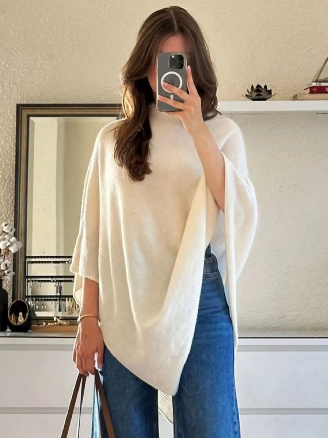 Apricot Turtleneck poncho sweater with asymmetric hem and batwing sleeves