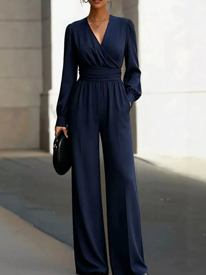 Dark Blue Surplice wrap long sleeve wide-leg jumpsuit with pockets