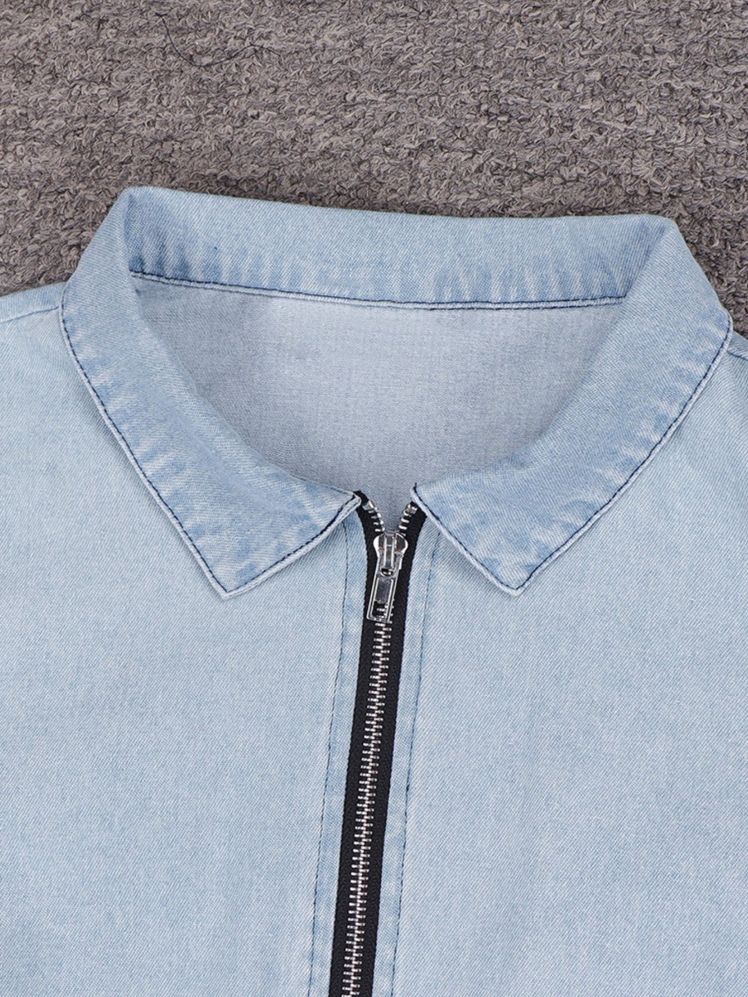 Zip front short sleeve denim mini dress with tie waist