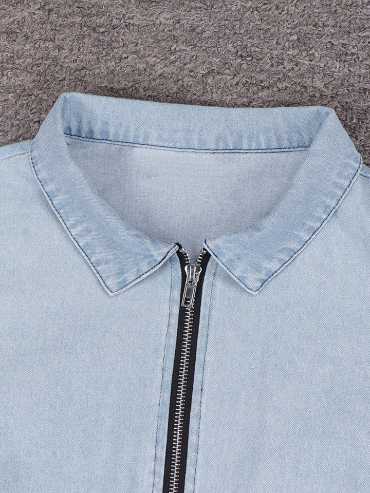 Zip front short sleeve denim mini dress with tie waist