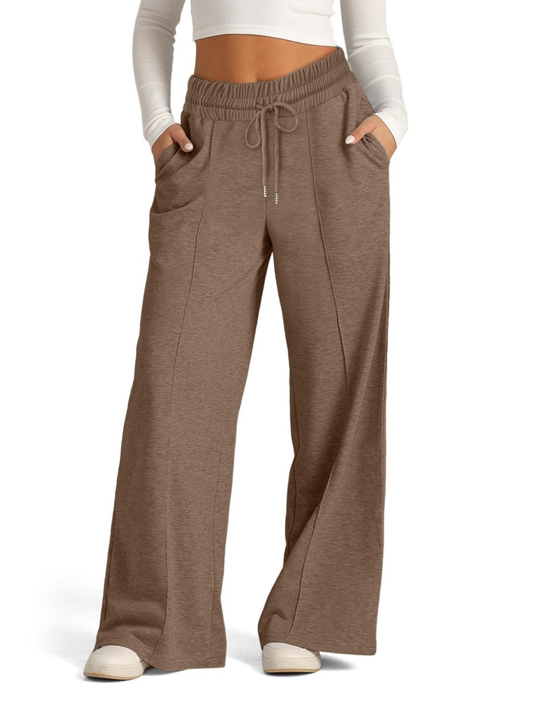 Mocha High-rise wide-leg drawstring lounge pants with pockets