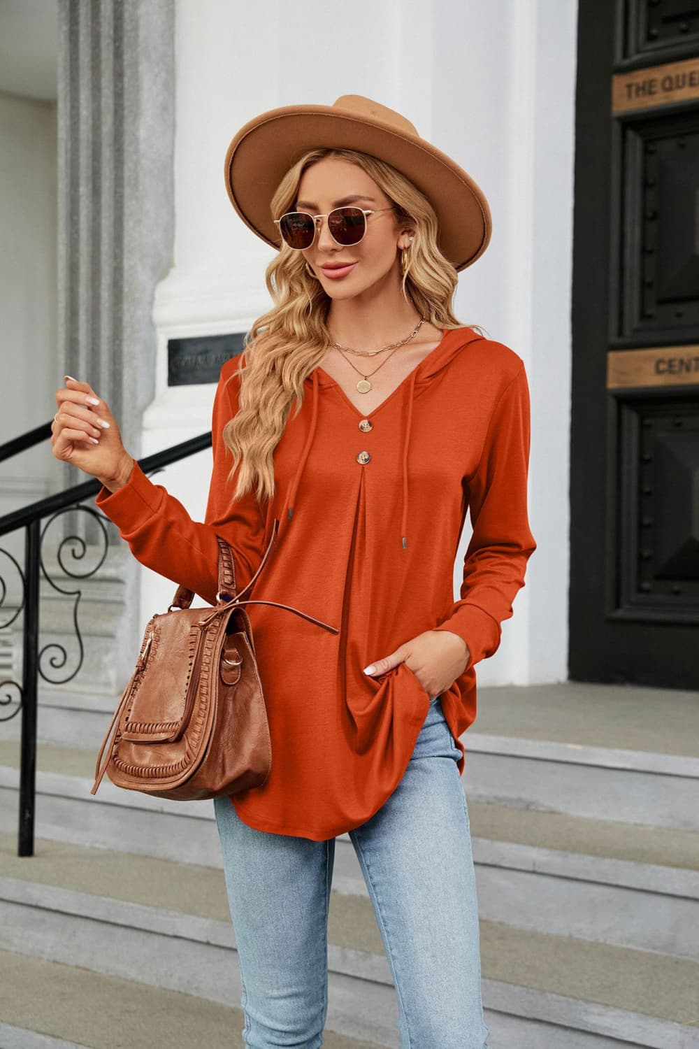 Orange Hooded drawstring tunic blouse with button placket