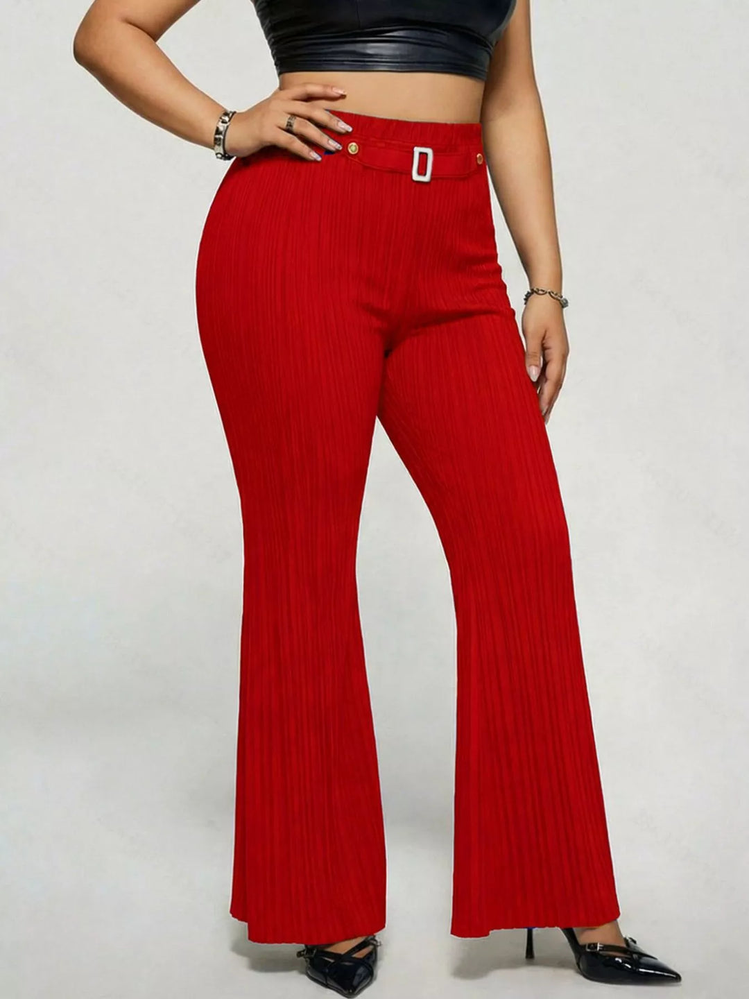 Deep Red Plus size high-rise ribbed flare pants with buckle detail