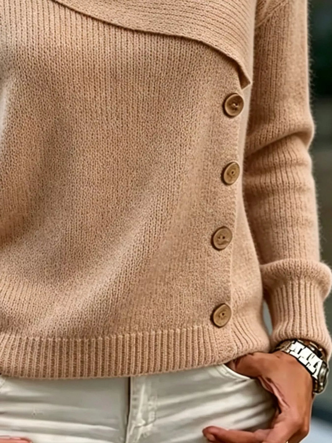 Asymmetrical button sweater with angled ribbed neckline