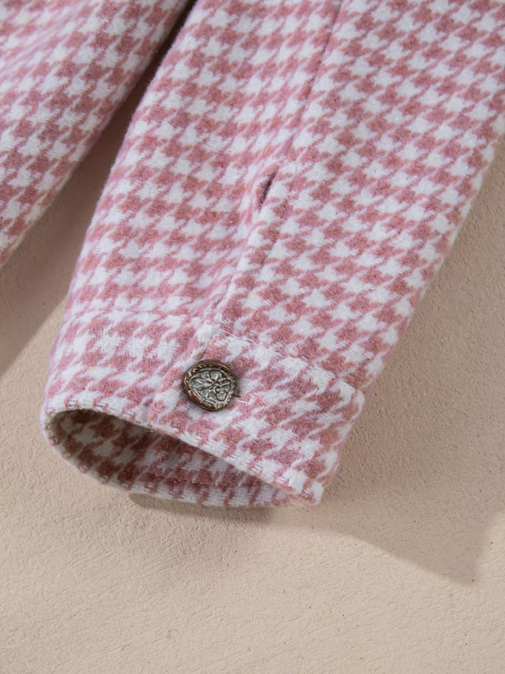 Houndstooth color block button-down shacket with chest pocket