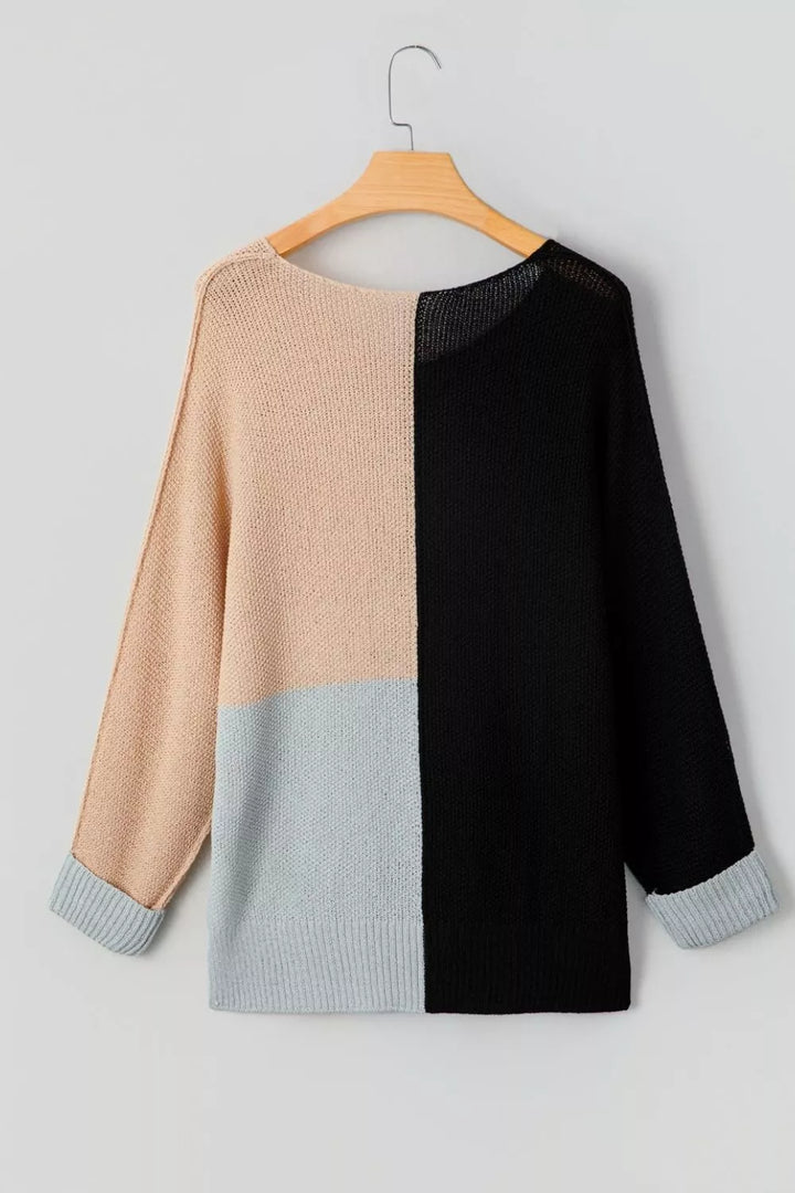 Color block ribbed knit v-neck loose sweater