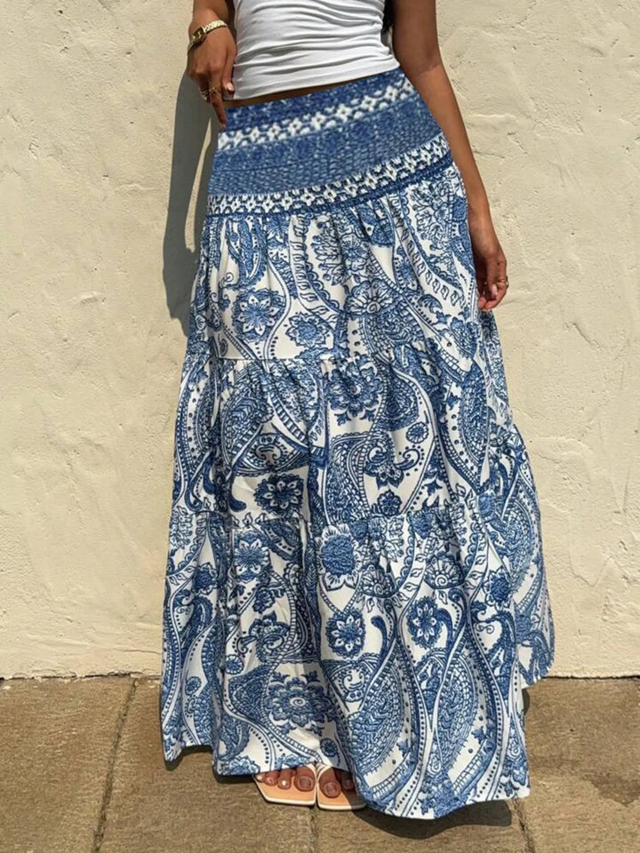 Dusty Blue Paisley print tiered maxi skirt with smocked waist